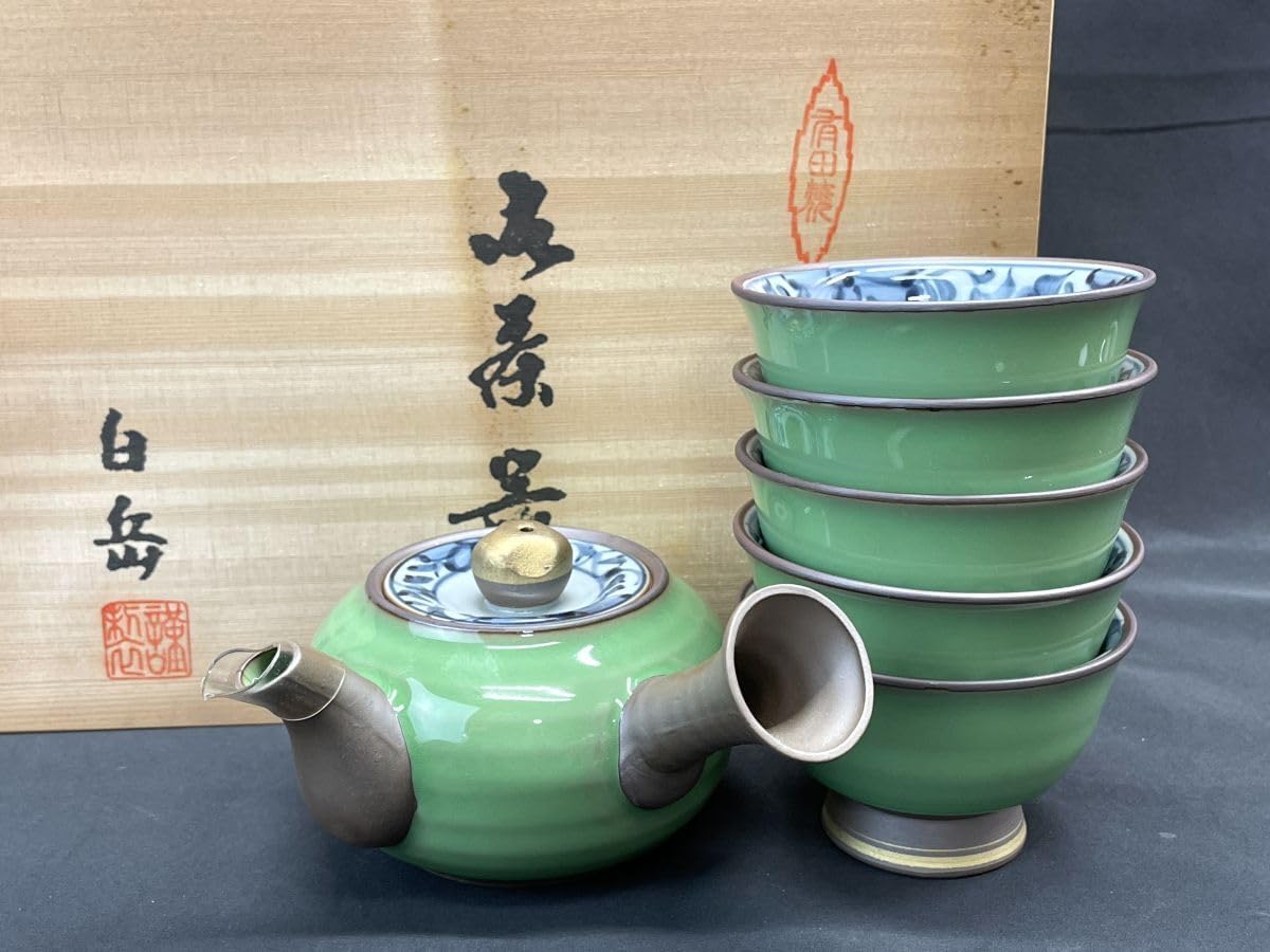 J903 有田焼 白岳 造 よもぎ唐草 茶器揃 共箱 急須 湯呑 5客セット